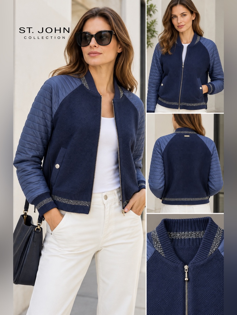 St. John Navy Wool Knit Quilted Sleeve Bomber Jacket Metallic Trim S